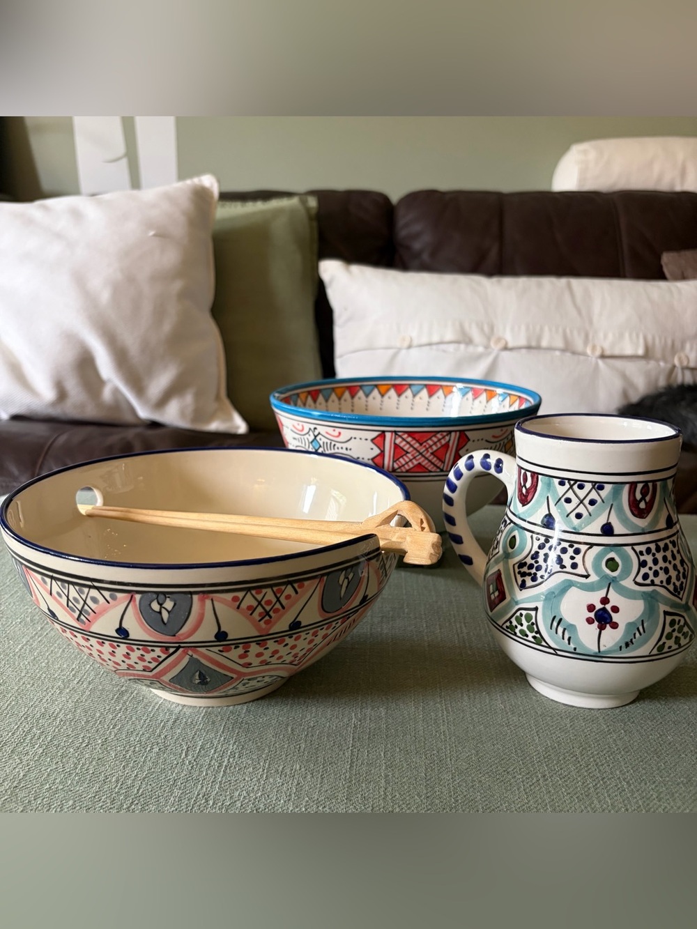 Handcrafted Le Souk Ceramique Mug, Bowl & Serghini Bowl w/Hand Carved Chopsticks - Picture 13 of 15